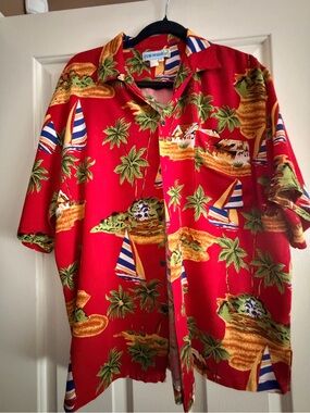 Red Tropical Print Button-Down Camp Shirt